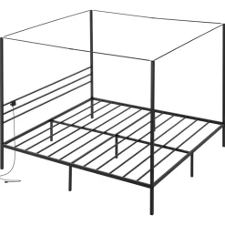 VEVOR King Size Canopy Bed Frame, Metal Canopy Bed with Charging Station and Four Posters Design, Heavy Duty Steel Slats Support, Underbed Storage Space, No Box Spring Needed, Easy Assembly, Black