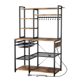 VEVOR Kitchen Bakers Rack, 5 ft Power Cable Bakers Rack with Power Outlet, Kitchen Stand with X-Shaped Support Bar, 10 S-Shaped Hooks, Coffee Bar Stand for Dishes, Spice Bottles, Built-In Power Strip