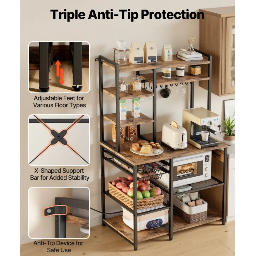 VEVOR Kitchen Bakers Rack, 5 ft Power Cable Bakers Rack with Power Outlet, Kitchen Stand with X-Shaped Support Bar, 10 S-Shaped Hooks, Coffee Bar Stand for Dishes, Spice Bottles, Built-In Power Strip
