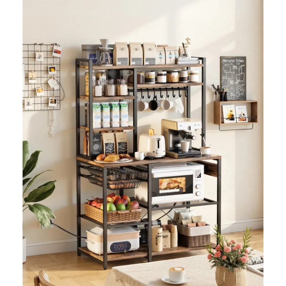 VEVOR Kitchen Bakers Rack, 5 ft Power Cable Bakers Rack with Power Outlet, Kitchen Stand with X-Shaped Support Bar, 10 S-Shaped Hooks, Coffee Bar Stand for Dishes, Spice Bottles, Built-In Power Strip