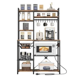 VEVOR Kitchen Bakers Rack, 5 ft Power Cable Bakers Rack with Power Outlet, Kitchen Stand with X-Shaped Support Bar, 10 S-Shaped Hooks, Coffee Bar Stand for Dishes, Spice Bottles, Built-In Power Strip