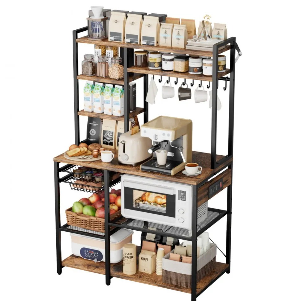VEVOR Kitchen Bakers Rack, 5 ft Power Cable Bakers Rack with Power Outlet, Kitchen Stand with X-Shaped Support Bar, 10 S-Shaped Hooks, Coffee Bar Stand for Dishes, Spice Bottles, Built-In Power Strip