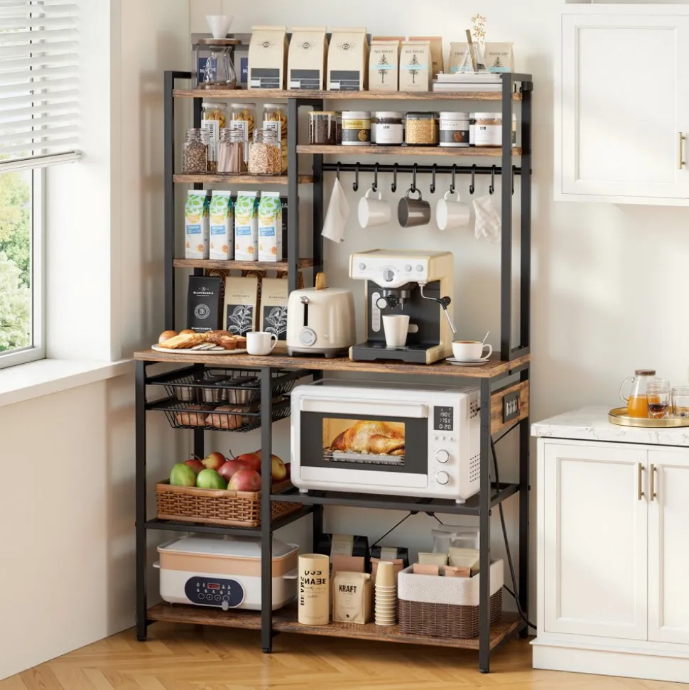 VEVOR Kitchen Bakers Rack, 5 ft Power Cable Bakers Rack with Power Outlet, Kitchen Stand with X-Shaped Support Bar, 10 S-Shaped Hooks, Coffee Bar Stand for Dishes, Spice Bottles, Built-In Power Strip