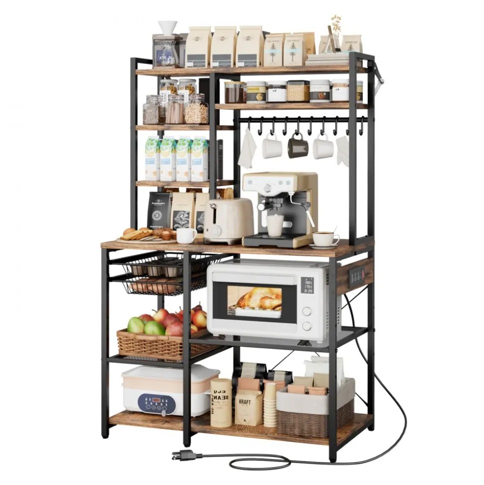 VEVOR Kitchen Bakers Rack, 5 ft Power Cable Bakers Rack with Power Outlet, Kitchen Stand with X-Shaped Support Bar, 10 S-Shaped Hooks, Coffee Bar Stand for Dishes, Spice Bottles, Built-In Power Strip