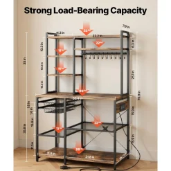 VEVOR Kitchen Bakers Rack, 5 ft Power Cable Bakers Rack with Power Outlet, Kitchen Stand with X-Shaped Support Bar, 10 S-Shaped Hooks, Coffee Bar Stand for Dishes, Spice Bottles, Built-In Power Strip