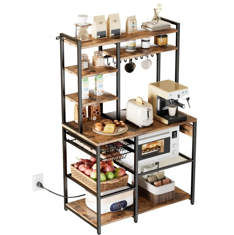 VEVOR Kitchen Bakers Rack, 5 ft Power Cable Bakers Rack with Power Outlet, Kitchen Stand with X-Shaped Support Bar, 10 S-Shaped Hooks, Coffee Bar Stand for Dishes, Spice Bottles, Built-In Power Strip
