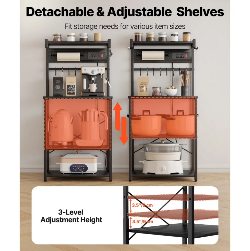 VEVOR Kitchen Bakers Rack, 4.6ft Power Cable Bakers Rack with Power Outlet, Kitchen Stand with X-Shaped Support Bar, 8 S-Shaped Hooks, Coffee Bar Stand for Dishes, Spice Bottles, Built-In Power Strip