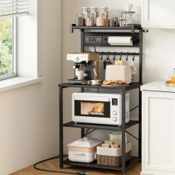 VEVOR Kitchen Bakers Rack, 4.6ft Power Cable Bakers Rack with Power Outlet, Kitchen Stand with X-Shaped Support Bar, 8 S-Shaped Hooks, Coffee Bar Stand for Dishes, Spice Bottles, Built-In Power Strip