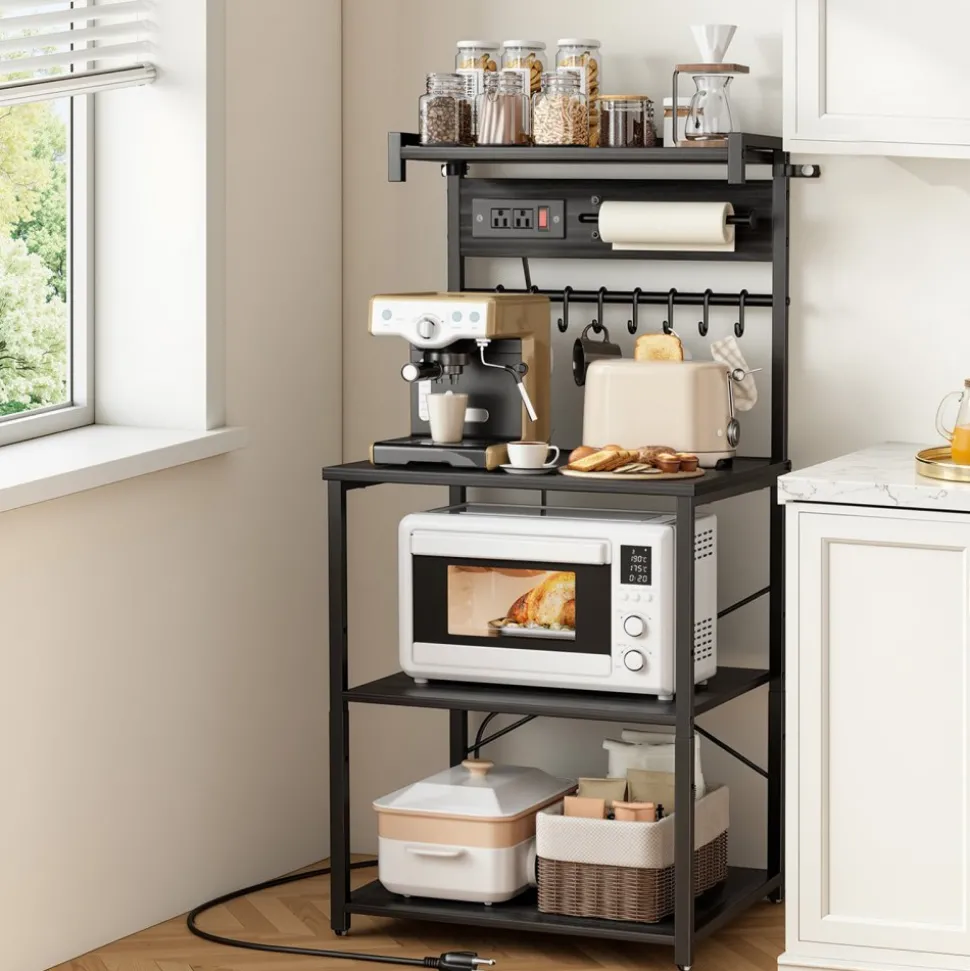 VEVOR Kitchen Bakers Rack, 4.6ft Power Cable Bakers Rack with Power Outlet, Kitchen Stand with X-Shaped Support Bar, 8 S-Shaped Hooks, Coffee Bar Stand for Dishes, Spice Bottles, Built-In Power Strip