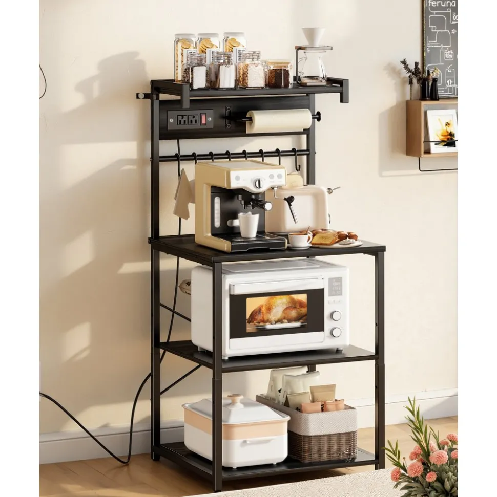 VEVOR Kitchen Bakers Rack, 4.6ft Power Cable Bakers Rack with Power Outlet, Kitchen Stand with X-Shaped Support Bar, 8 S-Shaped Hooks, Coffee Bar Stand for Dishes, Spice Bottles, Built-In Power Strip