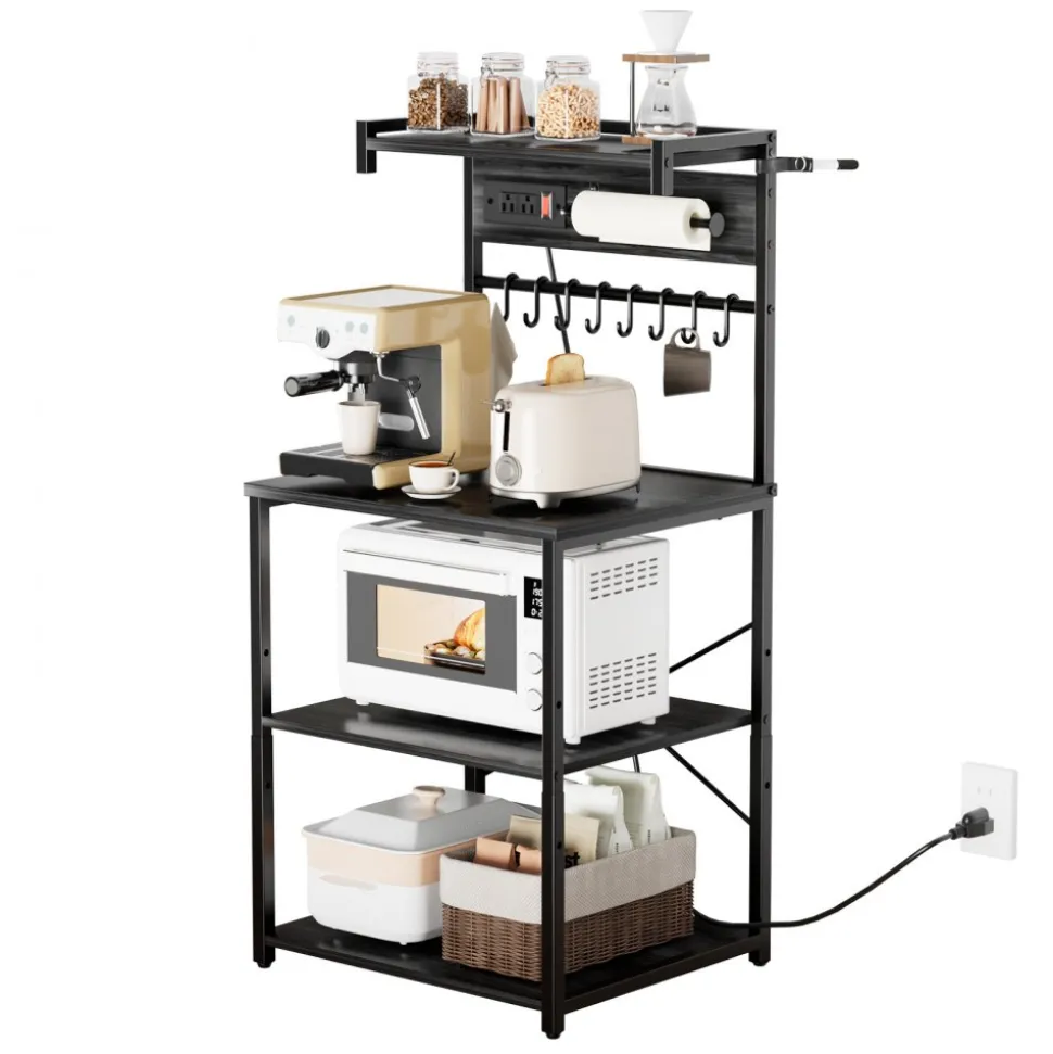 VEVOR Kitchen Bakers Rack, 4.6ft Power Cable Bakers Rack with Power Outlet, Kitchen Stand with X-Shaped Support Bar, 8 S-Shaped Hooks, Coffee Bar Stand for Dishes, Spice Bottles, Built-In Power Strip