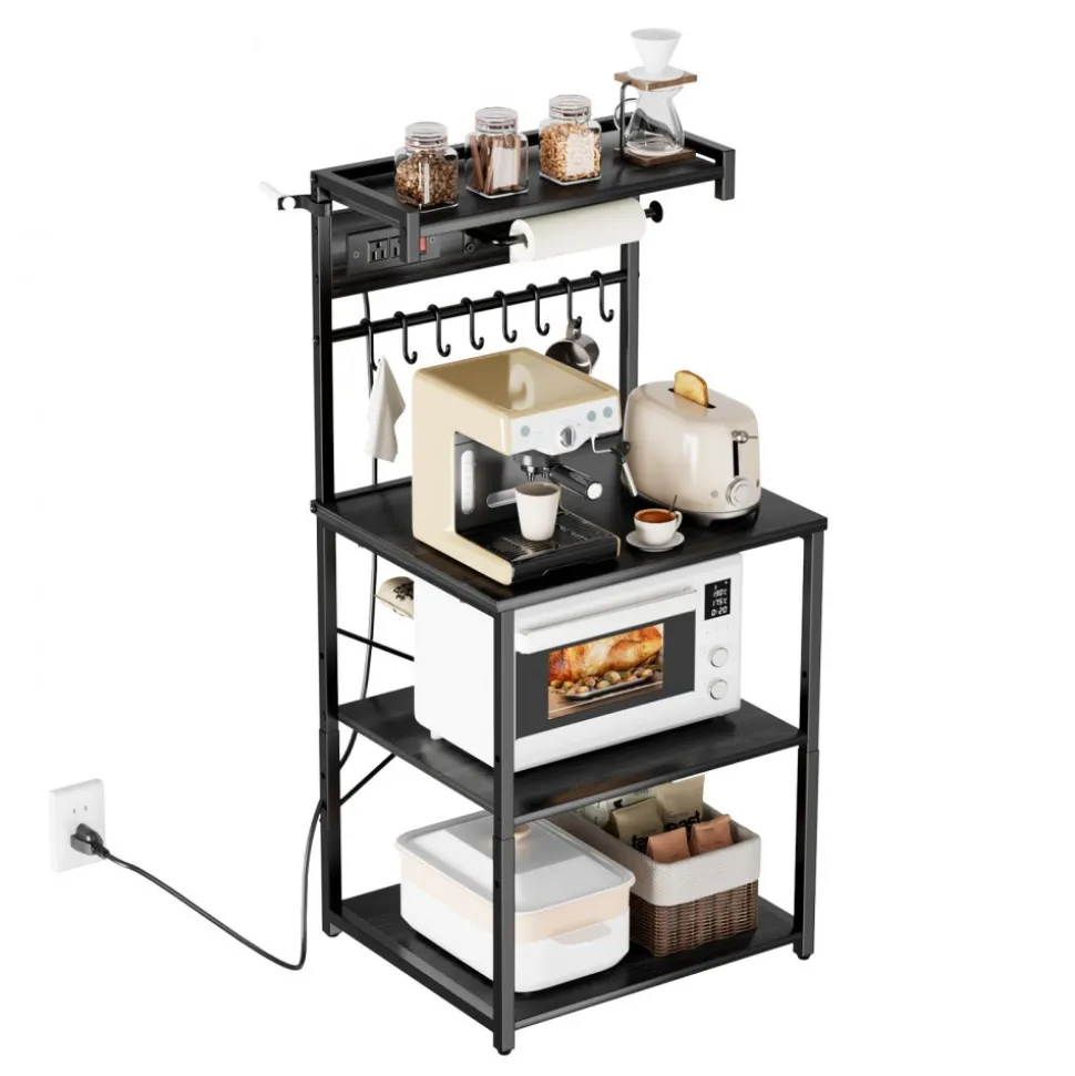 VEVOR Kitchen Bakers Rack, 4.6ft Power Cable Bakers Rack with Power Outlet, Kitchen Stand with X-Shaped Support Bar, 8 S-Shaped Hooks, Coffee Bar Stand for Dishes, Spice Bottles, Built-In Power Strip