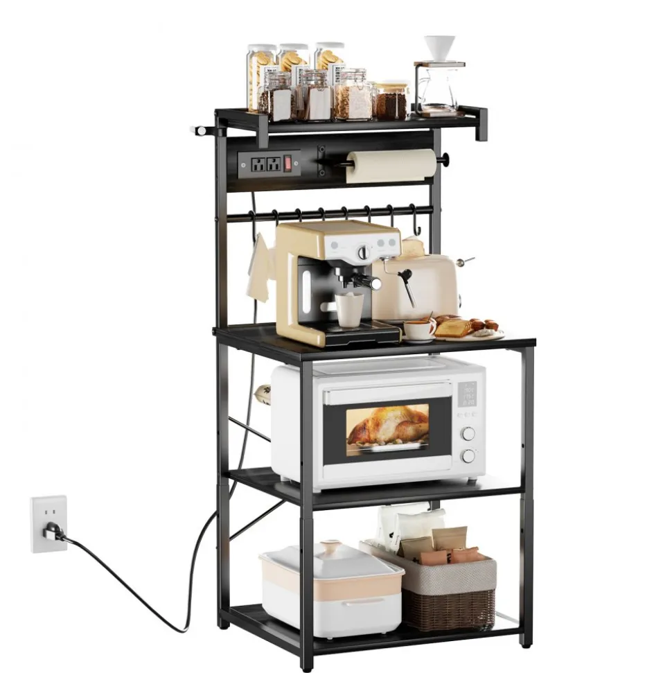 VEVOR Kitchen Bakers Rack, 4.6ft Power Cable Bakers Rack with Power Outlet, Kitchen Stand with X-Shaped Support Bar, 8 S-Shaped Hooks, Coffee Bar Stand for Dishes, Spice Bottles, Built-In Power Strip