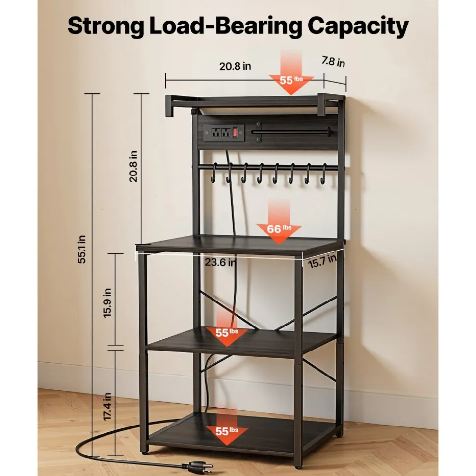 VEVOR Kitchen Bakers Rack, 4.6ft Power Cable Bakers Rack with Power Outlet, Kitchen Stand with X-Shaped Support Bar, 8 S-Shaped Hooks, Coffee Bar Stand for Dishes, Spice Bottles, Built-In Power Strip