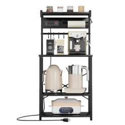 VEVOR Kitchen Bakers Rack, 4.6ft Power Cable Bakers Rack with Power Outlet, Kitchen Stand with X-Shaped Support Bar, 8 S-Shaped Hooks, Coffee Bar Stand for Dishes, Spice Bottles, Built-In Power Strip