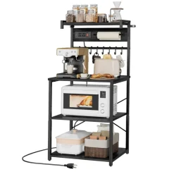 VEVOR Kitchen Bakers Rack, 4.6ft Power Cable Bakers Rack with Power Outlet, Kitchen Stand with X-Shaped Support Bar, 8 S-Shaped Hooks, Coffee Bar Stand for Dishes, Spice Bottles, Built-In Power Strip