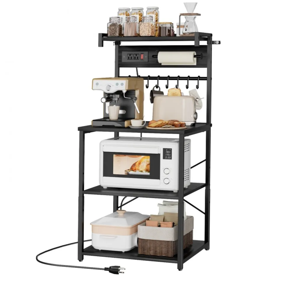 VEVOR Kitchen Bakers Rack, 4.6ft Power Cable Bakers Rack with Power Outlet, Kitchen Stand with X-Shaped Support Bar, 8 S-Shaped Hooks, Coffee Bar Stand for Dishes, Spice Bottles, Built-In Power Strip