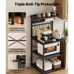 VEVOR Kitchen Bakers Rack, 4.6ft Power Cable Bakers Rack with Power Outlet, Kitchen Stand with X-Shaped Support Bar, 8 S-Shaped Hooks, Coffee Bar Stand for Dishes, Spice Bottles, Built-In Power Strip