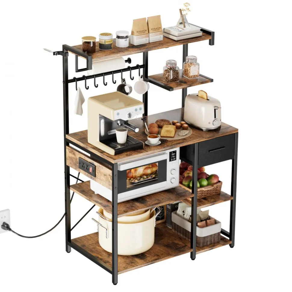 VEVOR Kitchen Bakers Rack, 4.6ft Power Cable Bakers Rack with Power Outlet, Kitchen Stand with X-Shaped Support Bar, 8 S-Shaped Hooks, Coffee Bar Stand for Dishes, Spice Bottles, Built-In Power Strip