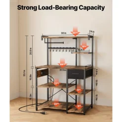 VEVOR Kitchen Bakers Rack, 4.6ft Power Cable Bakers Rack with Power Outlet, Kitchen Stand with X-Shaped Support Bar, 8 S-Shaped Hooks, Coffee Bar Stand for Dishes, Spice Bottles, Built-In Power Strip