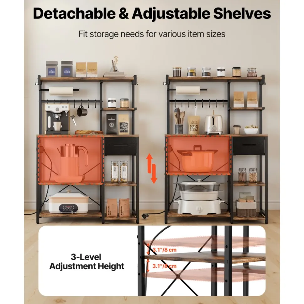 VEVOR Kitchen Bakers Rack, 4.6ft Power Cable Bakers Rack with Power Outlet, Kitchen Stand with X-Shaped Support Bar, 8 S-Shaped Hooks, Coffee Bar Stand for Dishes, Spice Bottles, Built-In Power Strip
