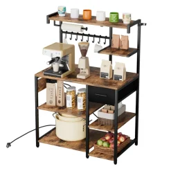 VEVOR Kitchen Bakers Rack, 4.6ft Power Cable Bakers Rack with Power Outlet, Kitchen Stand with X-Shaped Support Bar, 8 S-Shaped Hooks, Coffee Bar Stand for Dishes, Spice Bottles, Built-In Power Strip