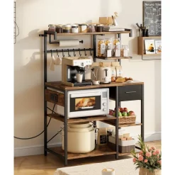 VEVOR Kitchen Bakers Rack, 4.6ft Power Cable Bakers Rack with Power Outlet, Kitchen Stand with X-Shaped Support Bar, 8 S-Shaped Hooks, Coffee Bar Stand for Dishes, Spice Bottles, Built-In Power Strip