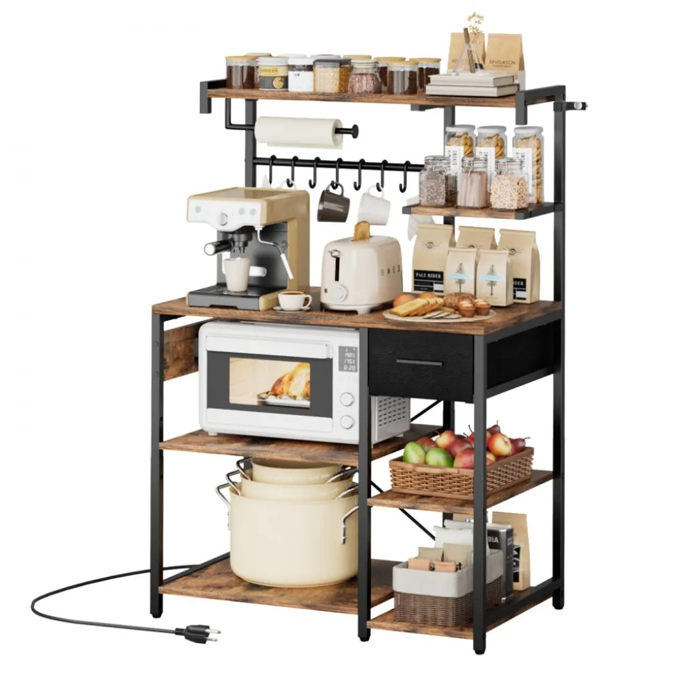 VEVOR Kitchen Bakers Rack, 4.6ft Power Cable Bakers Rack with Power Outlet, Kitchen Stand with X-Shaped Support Bar, 8 S-Shaped Hooks, Coffee Bar Stand for Dishes, Spice Bottles, Built-In Power Strip