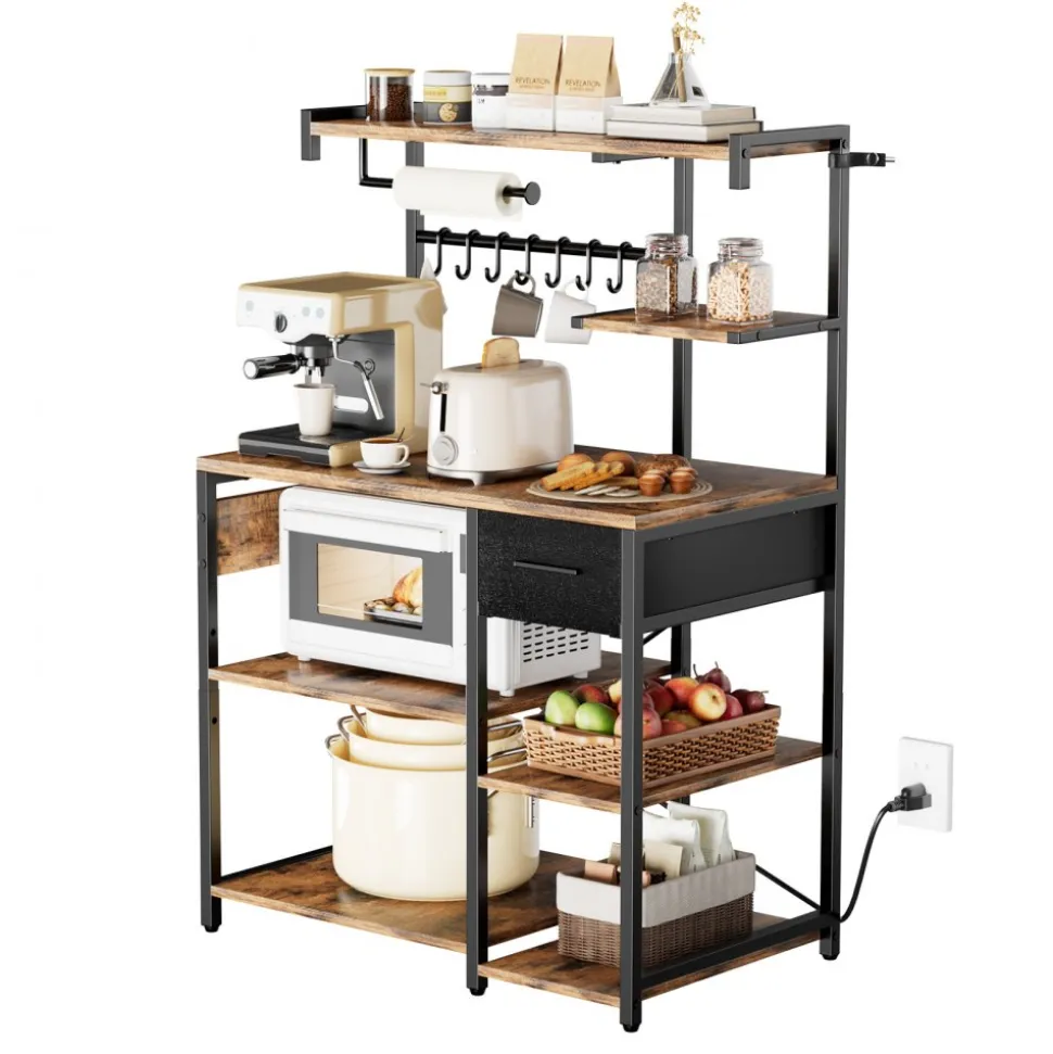 VEVOR Kitchen Bakers Rack, 4.6ft Power Cable Bakers Rack with Power Outlet, Kitchen Stand with X-Shaped Support Bar, 8 S-Shaped Hooks, Coffee Bar Stand for Dishes, Spice Bottles, Built-In Power Strip