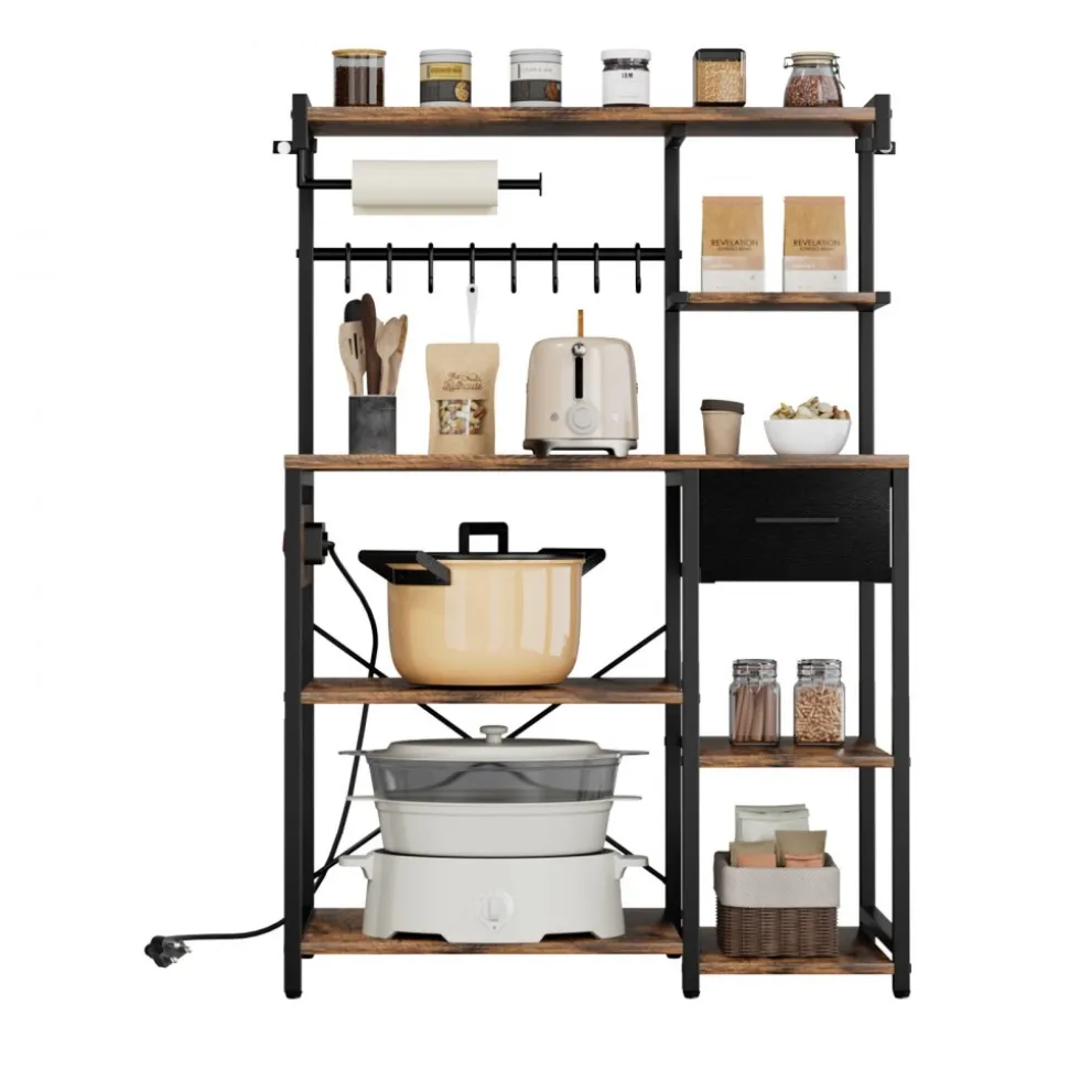 VEVOR Kitchen Bakers Rack, 4.6ft Power Cable Bakers Rack with Power Outlet, Kitchen Stand with X-Shaped Support Bar, 8 S-Shaped Hooks, Coffee Bar Stand for Dishes, Spice Bottles, Built-In Power Strip