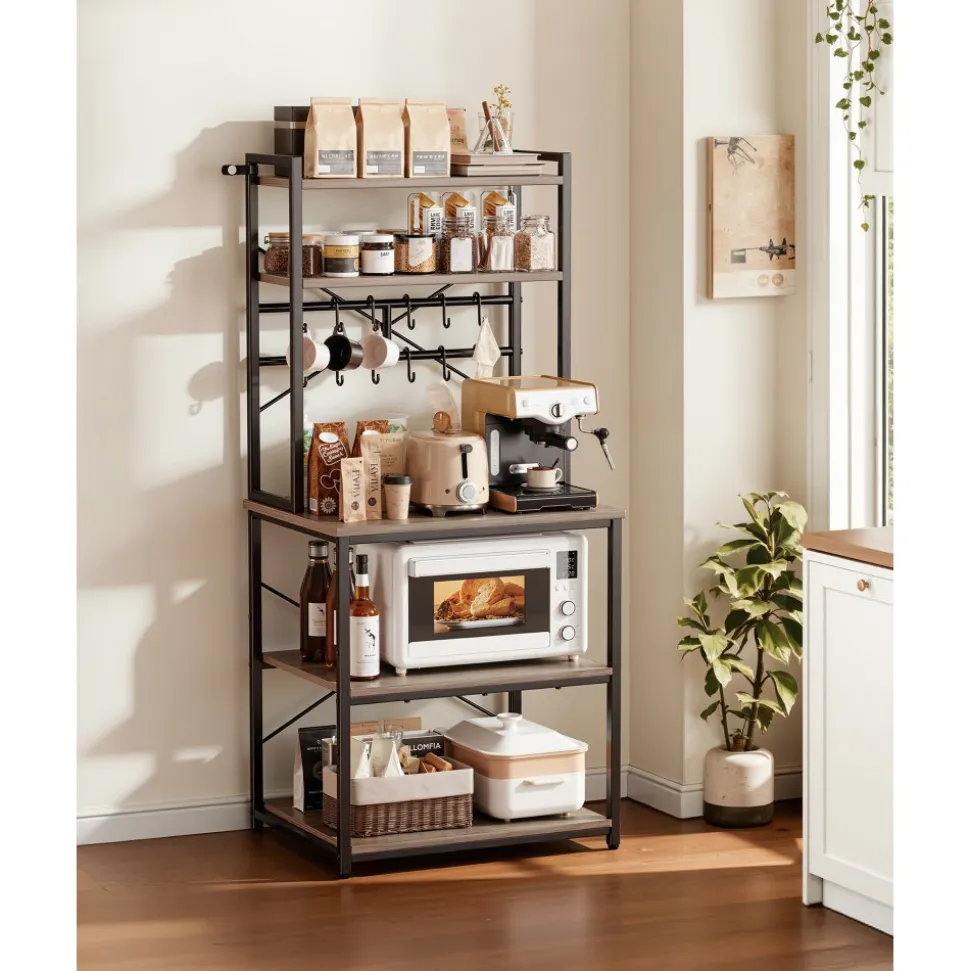 VEVOR Kitchen Bakers Rack, 23.6 inch Width Bakers Rack, Kitchen Stand with X-Shaped Support Bar, 12 S-Shaped Hooks, Double-Layer Top Shelf, Coffee Bar Stand for Dishes & Bowls, Spice Bottles