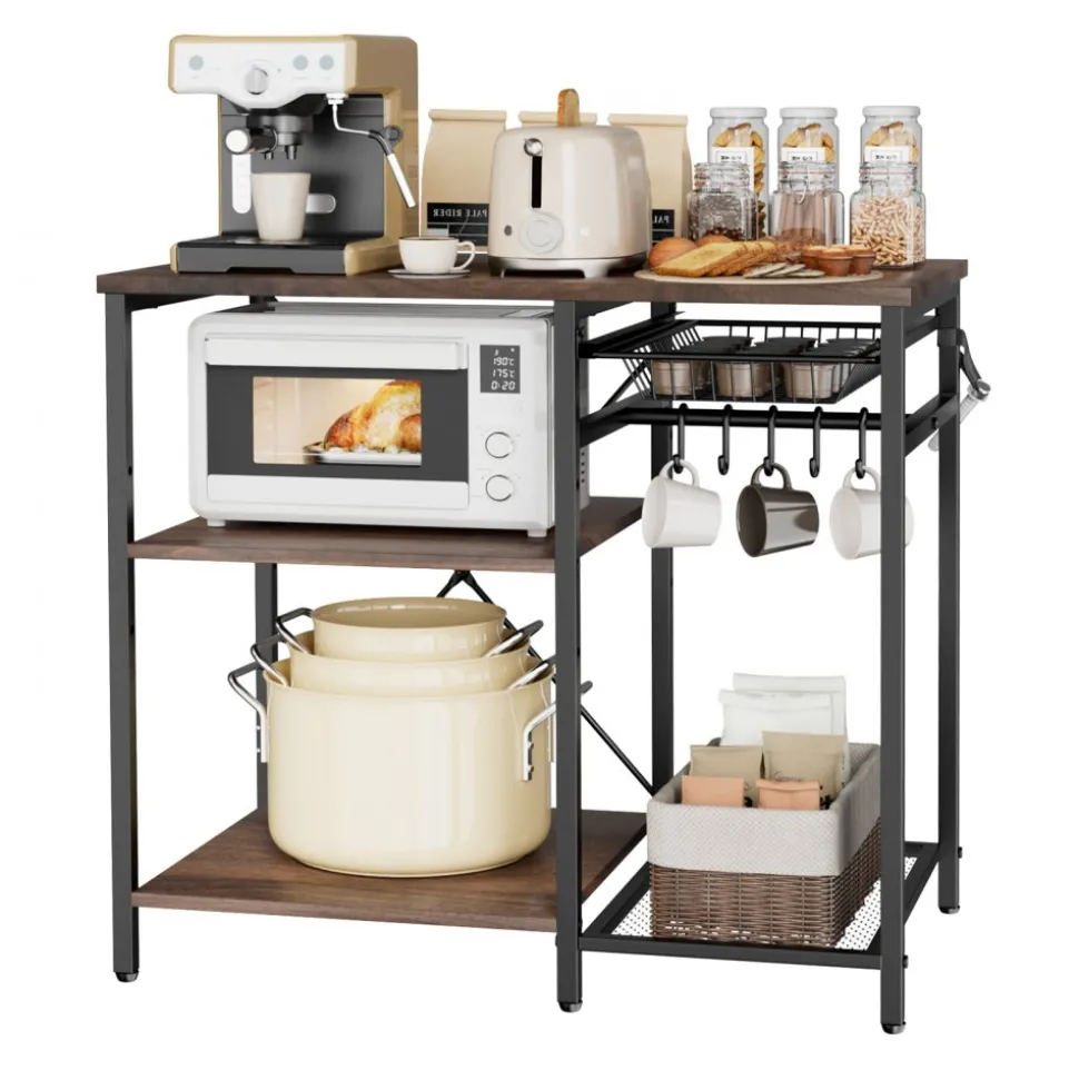 VEVOR Kitchen Bakers Rack, 35.4 inch Width Bakers Rack, Kitchen Stand with X-Shaped Support Bar, 5 S-Shaped Hooks, Multi-Layer Storage Shelf, Coffee Bar Stand for Dishes & Bowls, Spice Bottles