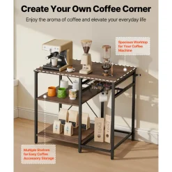 VEVOR Kitchen Bakers Rack, 35.4 inch Width Bakers Rack, Kitchen Stand with X-Shaped Support Bar, 5 S-Shaped Hooks, Multi-Layer Storage Shelf, Coffee Bar Stand for Dishes & Bowls, Spice Bottles