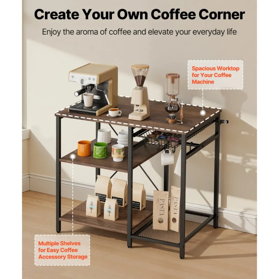 VEVOR Kitchen Bakers Rack, 35.4 inch Width Bakers Rack, Kitchen Stand with X-Shaped Support Bar, 5 S-Shaped Hooks, Multi-Layer Storage Shelf, Coffee Bar Stand for Dishes & Bowls, Spice Bottles