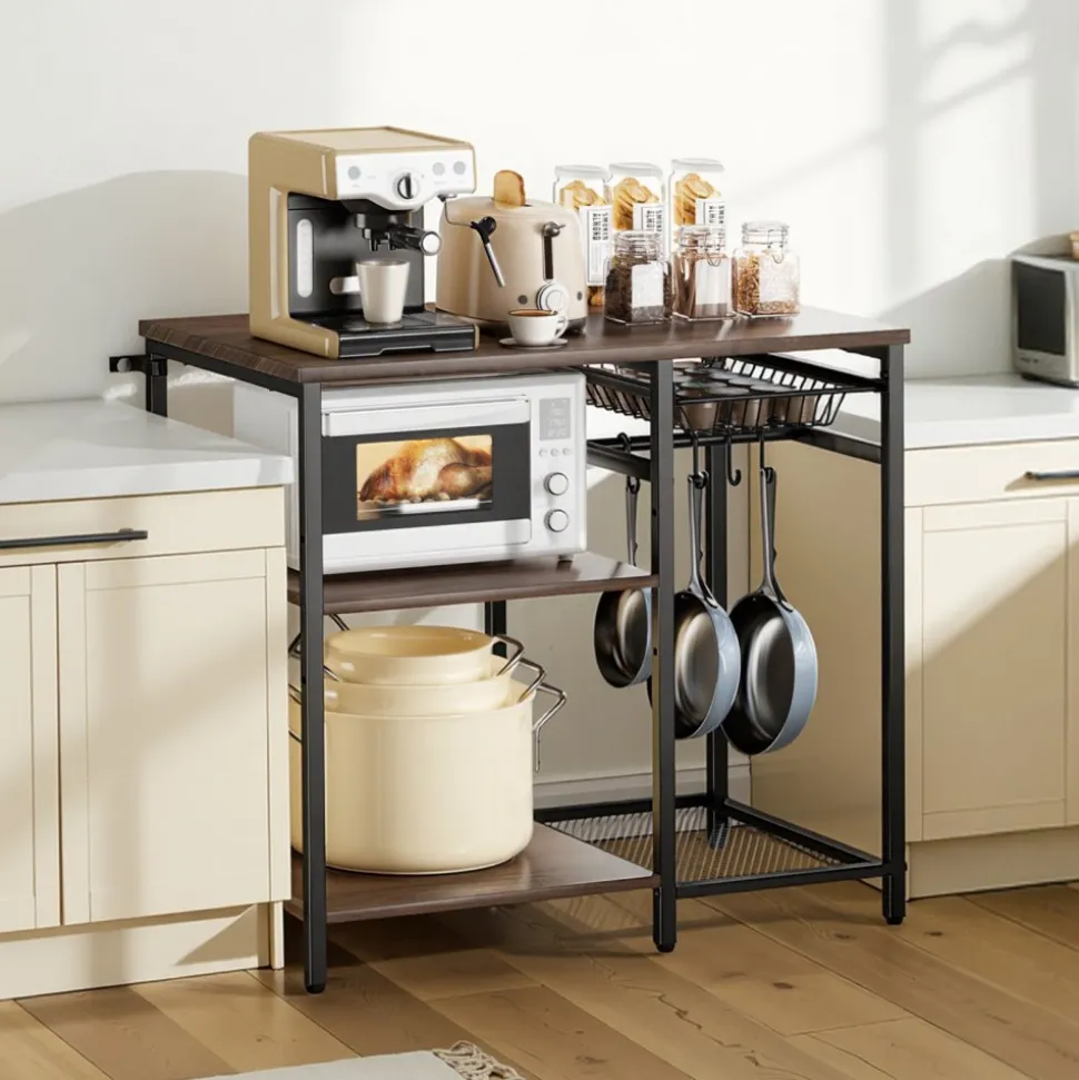 VEVOR Kitchen Bakers Rack, 35.4 inch Width Bakers Rack, Kitchen Stand with X-Shaped Support Bar, 5 S-Shaped Hooks, Multi-Layer Storage Shelf, Coffee Bar Stand for Dishes & Bowls, Spice Bottles