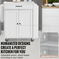 VEVOR Kitchen Island Cart, 32" Mobile Carts with Storage Cabinet, Rolling Table with Power Outlet, Spice Rack, Towel Bar, Adjustable Shelf, Drawer, Dining Living Room Portable Islands on Wheels, White