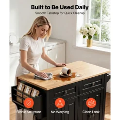 VEVOR Kitchen Island Cart with Storage, 43.58 in Wide Mobile Rolling Storage Island on Swivel Wheels, with 2 Drawers, Storage Cabinet, Drop Leaf, Spice/Towel Rack, Table for Home Dining Room, Black
