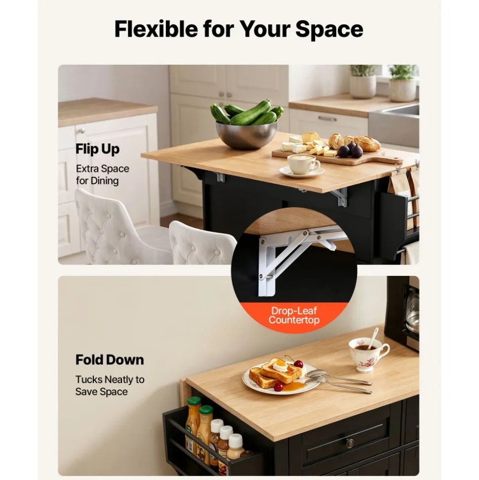 VEVOR Kitchen Island Cart with Storage, 43.58 in Wide Mobile Rolling Storage Island on Swivel Wheels, with 2 Drawers, Storage Cabinet, Drop Leaf, Spice/Towel Rack, Table for Home Dining Room, Black