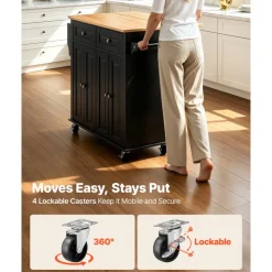 VEVOR Kitchen Island Cart with Storage, 43.58 in Wide Mobile Rolling Storage Island on Swivel Wheels, with 2 Drawers, Storage Cabinet, Drop Leaf, Spice/Towel Rack, Table for Home Dining Room, Black