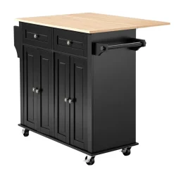 VEVOR Kitchen Island Cart with Storage, 43.58 in Wide Mobile Rolling Storage Island on Swivel Wheels, with 2 Drawers, Storage Cabinet, Drop Leaf, Spice/Towel Rack, Table for Home Dining Room, Black
