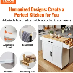 VEVOR Kitchen Island Cart with Solid Wood Top, 35.4" Width Mobile Carts with Storage Cabinet, Rolling Kitchen Table with Spice Rack, Towel Rack, Drop Leaf and Drawer, Portable Islands on Wheels, White