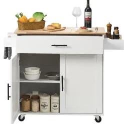 VEVOR Kitchen Island Cart with Solid Wood Top, 35.4" Width Mobile Carts with Storage Cabinet, Rolling Kitchen Table with Spice Rack, Towel Rack, Drop Leaf and Drawer, Portable Islands on Wheels, White