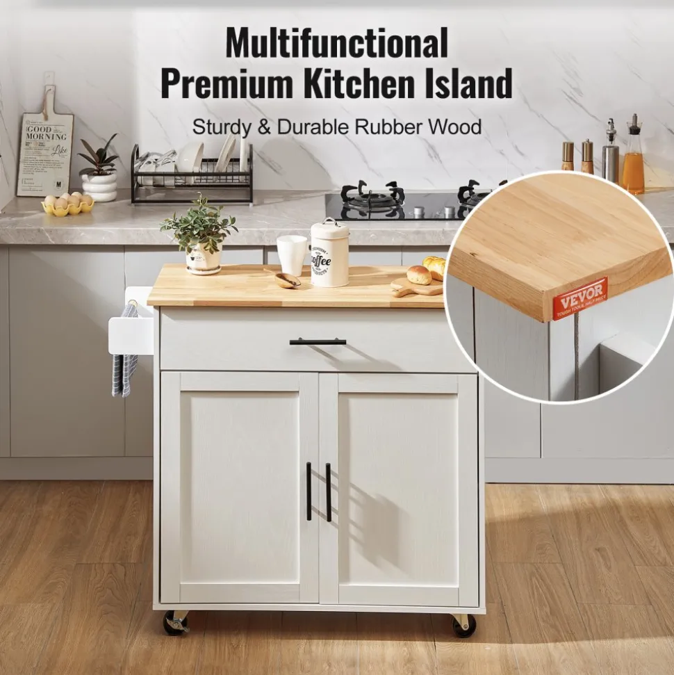 VEVOR Kitchen Island Cart with Solid Wood Top, 35.4" Width Mobile Carts with Storage Cabinet, Rolling Kitchen Table with Spice Rack, Towel Rack, Drop Leaf and Drawer, Portable Islands on Wheels, White