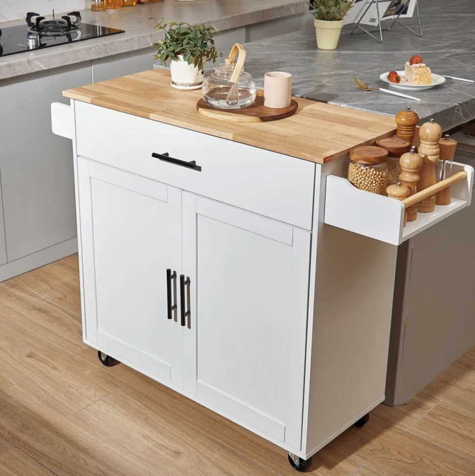 VEVOR Kitchen Island Cart with Solid Wood Top, 35.4" Width Mobile Carts with Storage Cabinet, Rolling Kitchen Table with Spice Rack, Towel Rack, Drop Leaf and Drawer, Portable Islands on Wheels, White