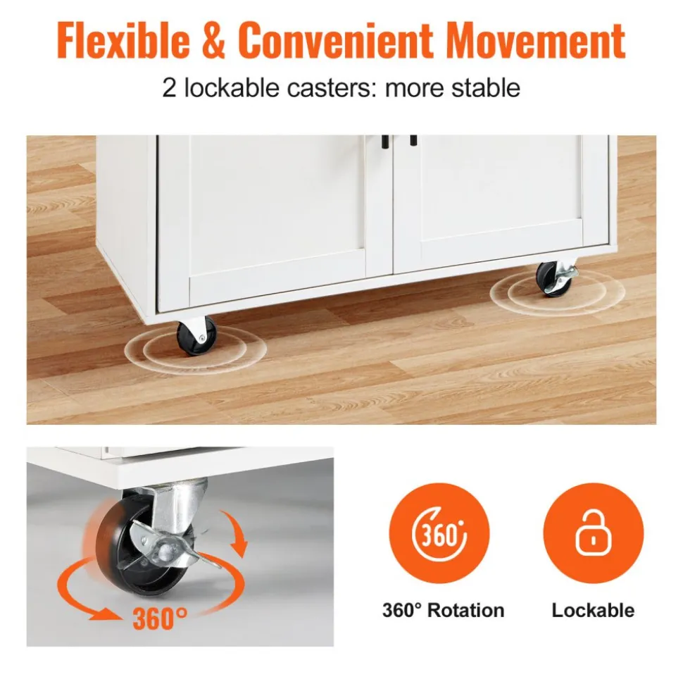 VEVOR Kitchen Island Cart with Solid Wood Top, 35.4" Width Mobile Carts with Storage Cabinet, Rolling Kitchen Table with Spice Rack, Towel Rack, Drop Leaf and Drawer, Portable Islands on Wheels, White