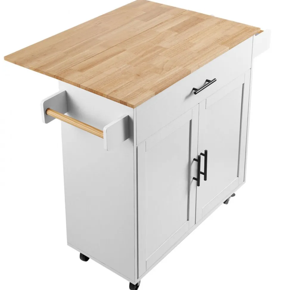 VEVOR Kitchen Island Cart with Solid Wood Top, 35.4" Width Mobile Carts with Storage Cabinet, Rolling Kitchen Table with Spice Rack, Towel Rack, Drop Leaf and Drawer, Portable Islands on Wheels, White