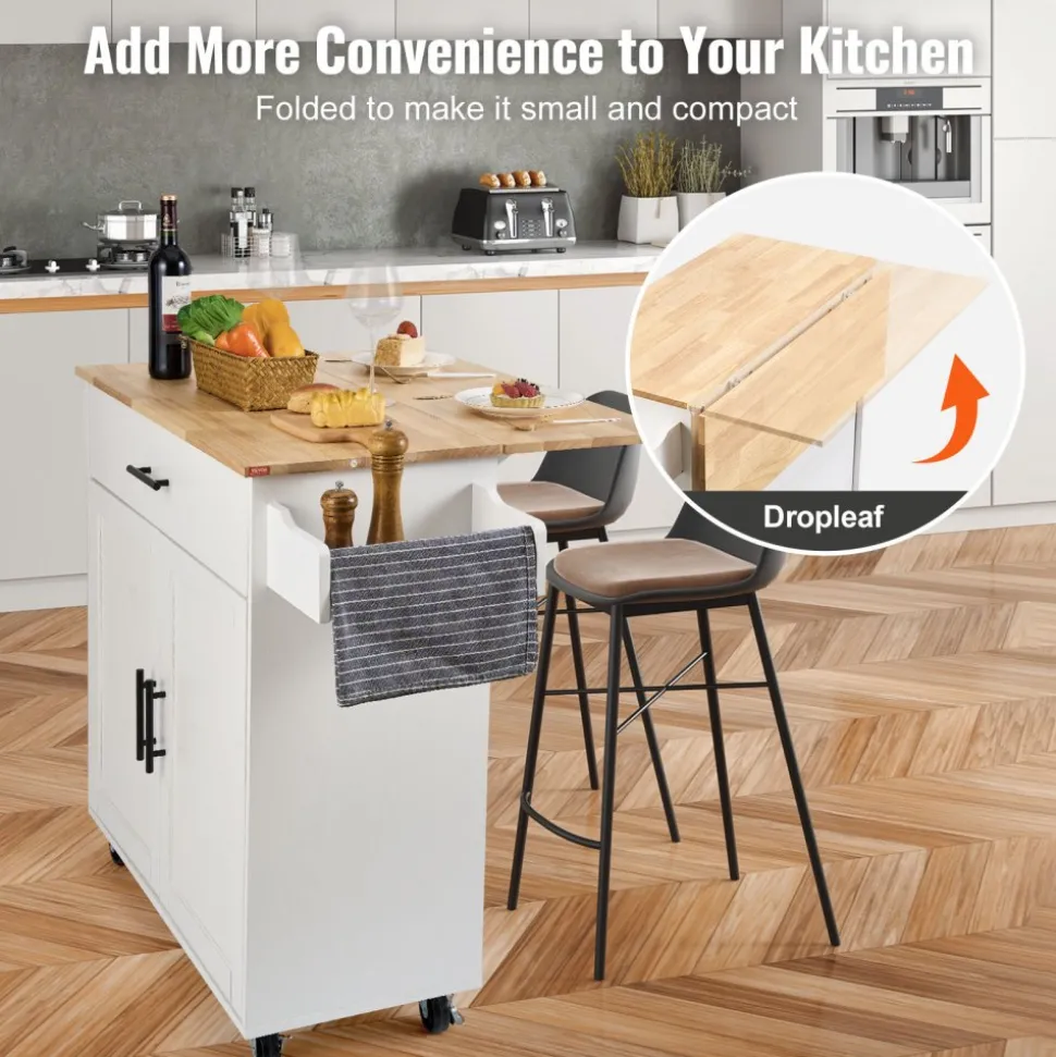 VEVOR Kitchen Island Cart with Solid Wood Top, 35.4" Width Mobile Carts with Storage Cabinet, Rolling Kitchen Table with Spice Rack, Towel Rack, Drop Leaf and Drawer, Portable Islands on Wheels, White