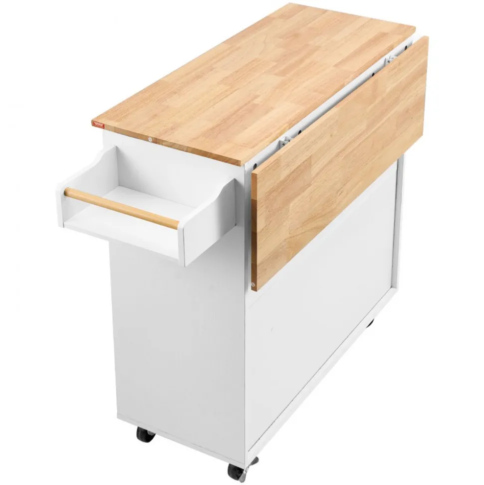 VEVOR Kitchen Island Cart with Solid Wood Top, 35.4" Width Mobile Carts with Storage Cabinet, Rolling Kitchen Table with Spice Rack, Towel Rack, Drop Leaf and Drawer, Portable Islands on Wheels, White