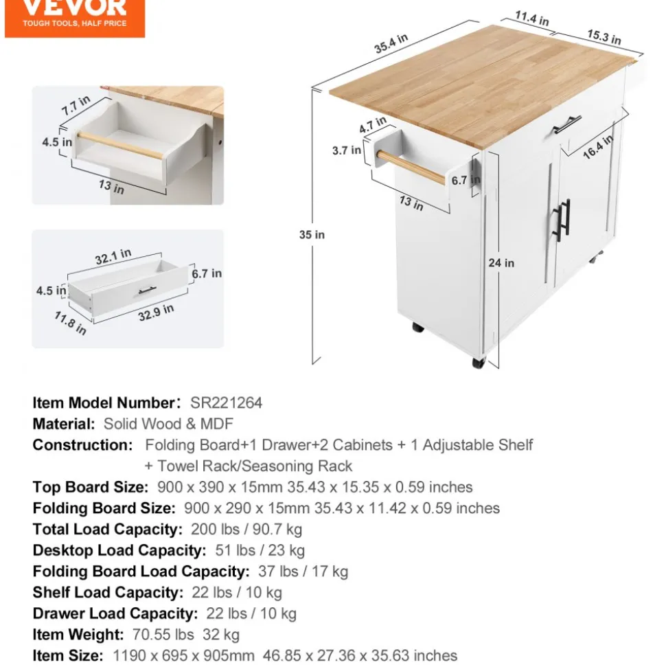 VEVOR Kitchen Island Cart with Solid Wood Top, 35.4" Width Mobile Carts with Storage Cabinet, Rolling Kitchen Table with Spice Rack, Towel Rack, Drop Leaf and Drawer, Portable Islands on Wheels, White