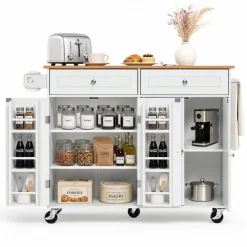 VEVOR Kitchen Island Cart with Storage, 47.64 in Wide Mobile Rolling Storage Island on Swivel Wheels, with 2 Drawers, Storage Cabinet, Drop Leaf, Towel Rack, Table for Home Dining Room, White